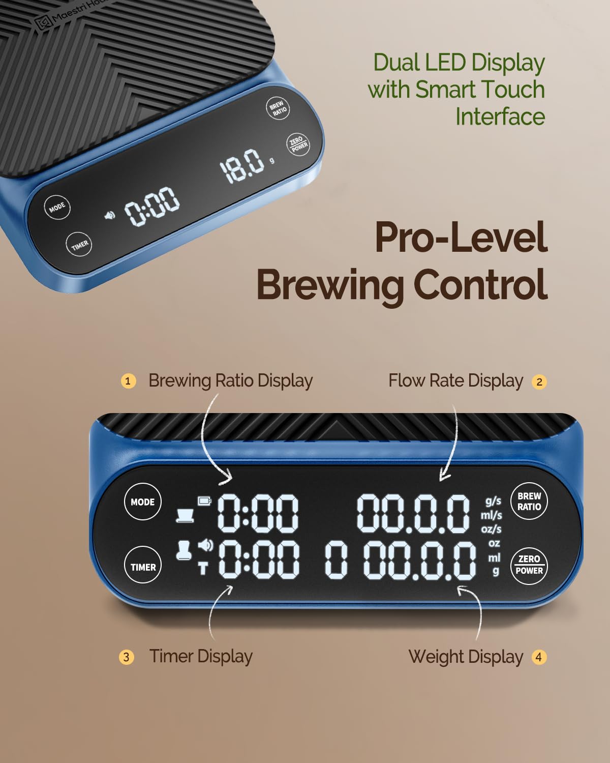 Maestri House S3 Coffee Scale with Timer, 3kg/0.1g Rechargeable Digital Scale, 3 Brew Modes, Adjustable Ratios & Flow Rate Display, Barista-Grade for Pour-Over, Espresso, French Press – Black - Crema Peaks Coffee