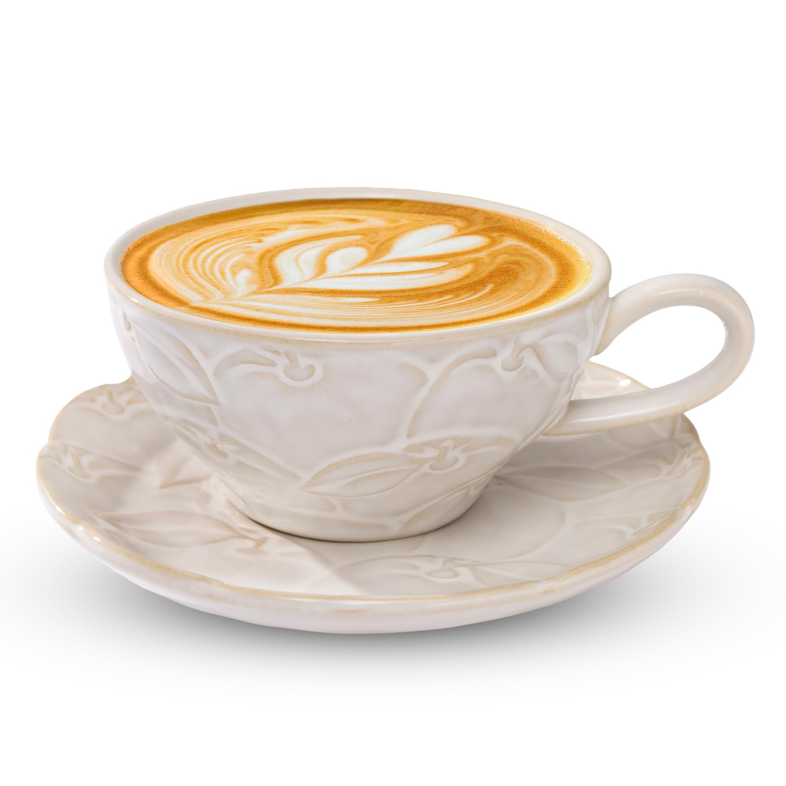 12 OZ Latte Cup with Saucer, Cappuccino Cup Vintage Cafe Art Cups for Espresso Turkish Coffee, Farmhouse Latte Mugs Tea Cups and Saucers Porcelain Set for Christmas Thanksgiving Day Gift - Crema Peaks Coffee