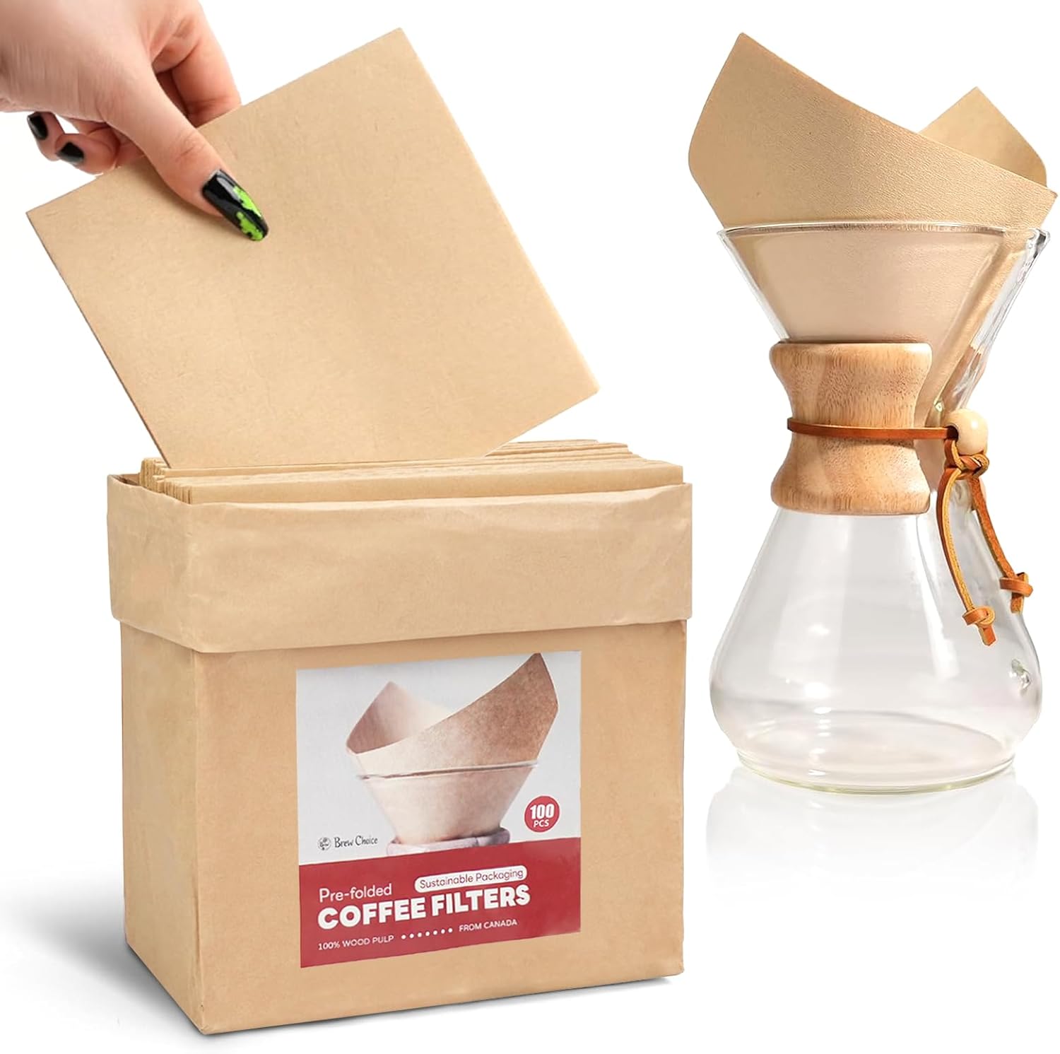 100ct Pre-folded Cone Coffee Filters Unbleached, Upgraded 30% Thicker Natural Paper for Pure Taste, Compatible with Chemex Pour-Over Coffee Makers - Crema Peaks Coffee