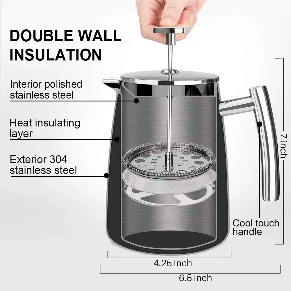 French Press Coffee Maker, 50-Ounce, 304 Stainless Steel Insulated Coffee Press with Extra Screen - Crema Peaks Coffee