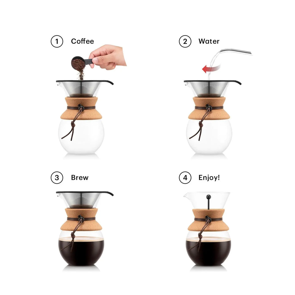 Bodum 34oz Pour Over Coffee Maker, High-Heat Borosilicate Glass with Reusable Stainless Steel Filter and Cork Grip - Made in Portugal - Crema Peaks Coffee