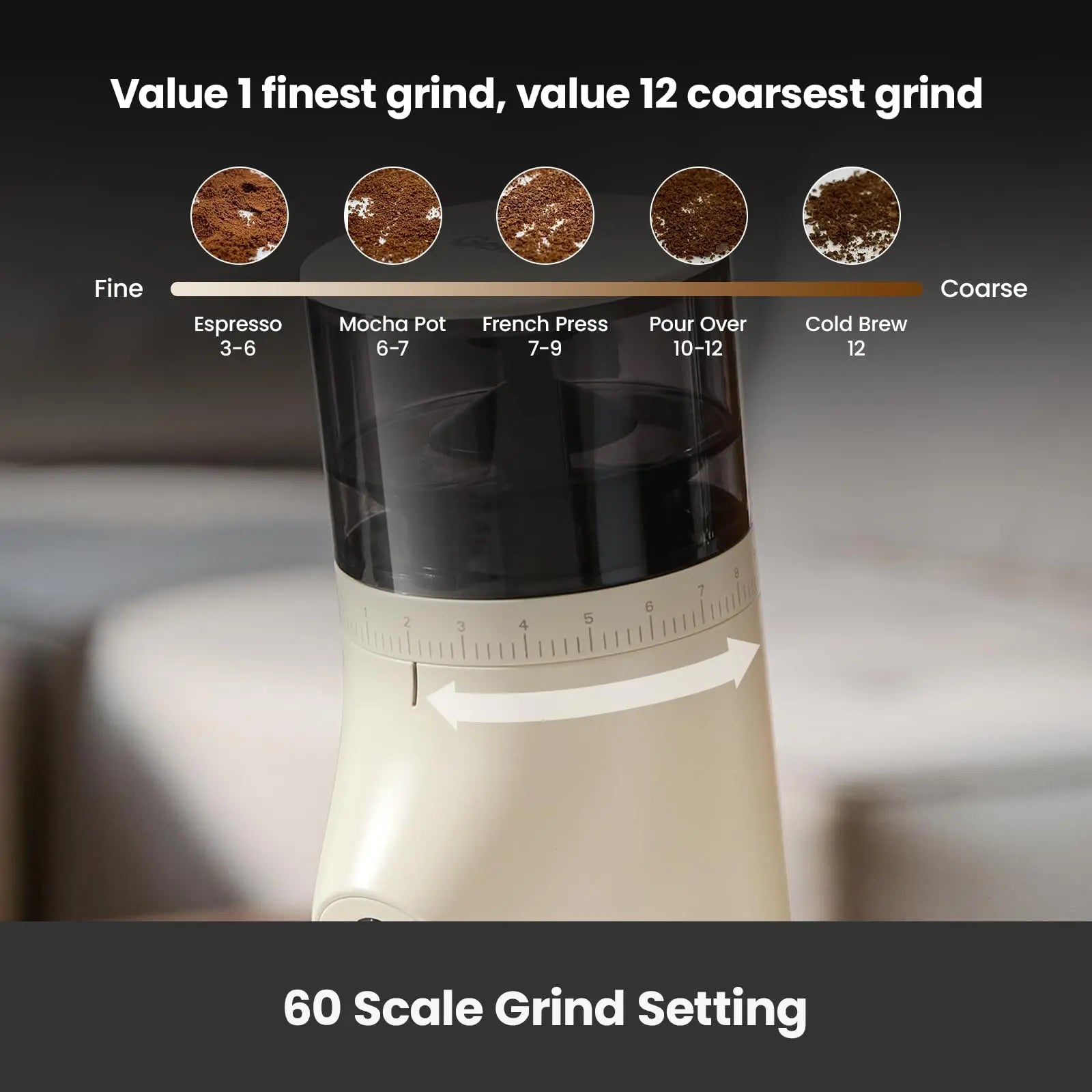 Gemilai Electric Conical Burr Coffee Grinder, Coffee Bean Grinder with Smart 60S Timer, 60 Precise Adjustable Grind Settings for Espresso, 2-12 Cup, Easy to Clean, Durable & Quiet, G9010B White - Crema Peaks Coffee