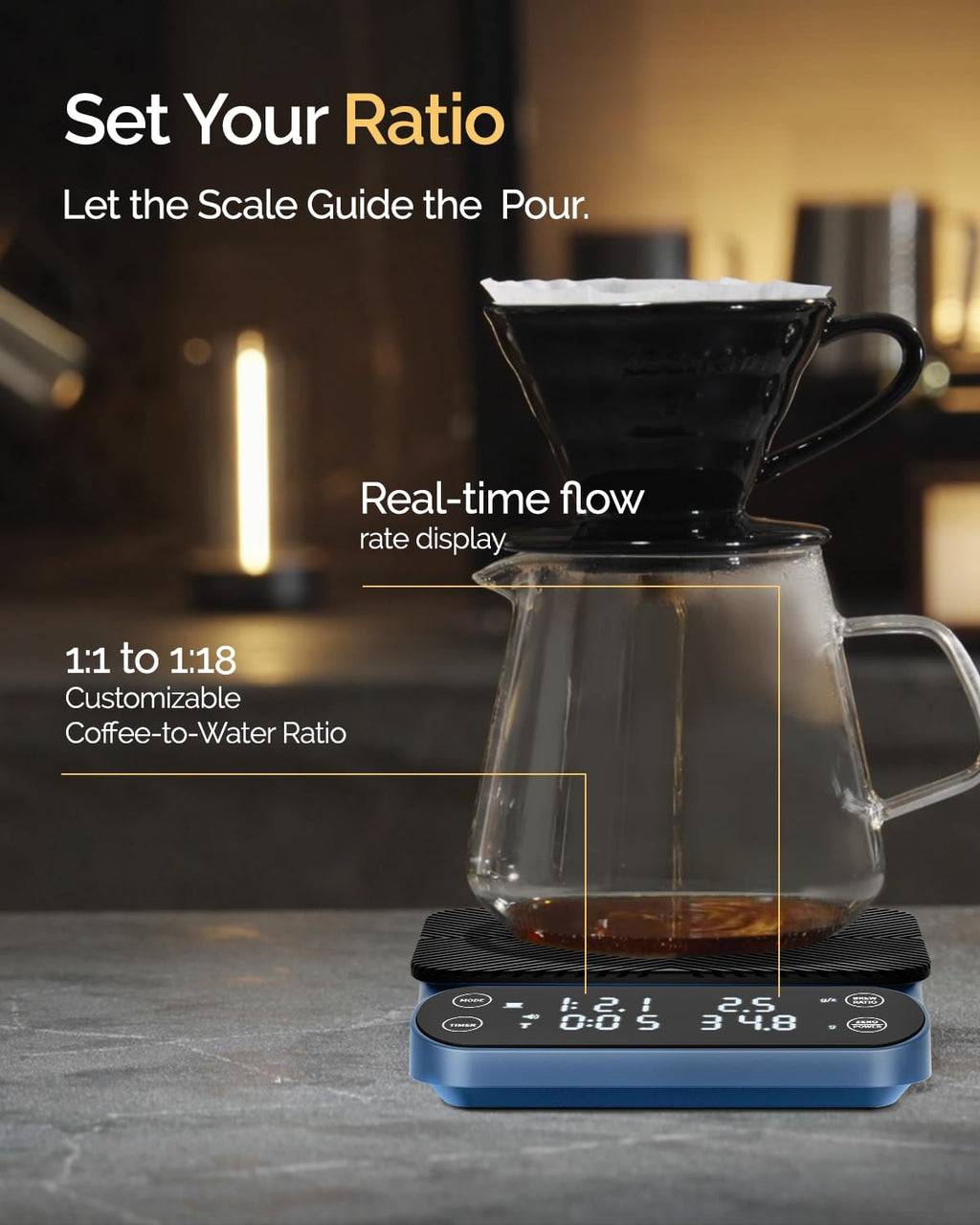Maestri House S3 Coffee Scale with Timer, 3kg/0.1g Rechargeable Digital Scale, 3 Brew Modes, Adjustable Ratios & Flow Rate Display, Barista-Grade for Pour-Over, Espresso, French Press – Black - Crema Peaks Coffee