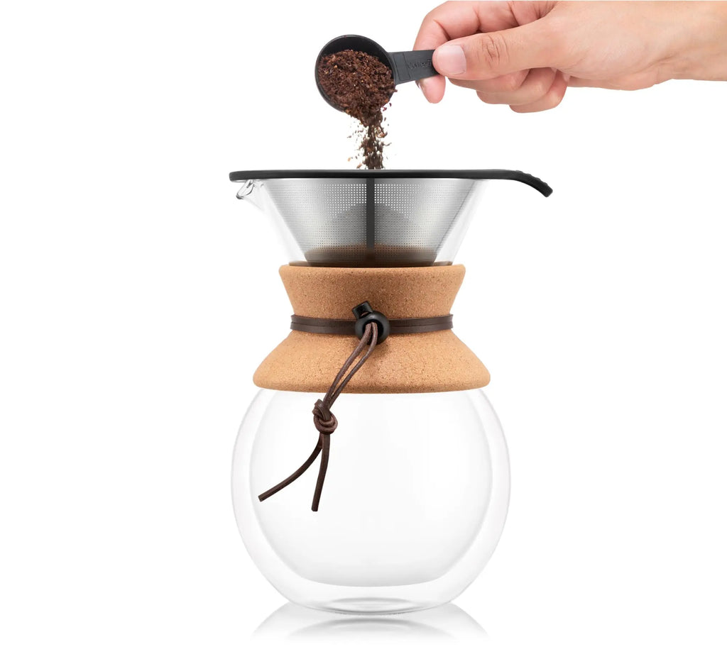 Bodum 34oz Pour Over Coffee Maker, High-Heat Borosilicate Glass with Reusable Stainless Steel Filter and Cork Grip - Made in Portugal - Crema Peaks Coffee