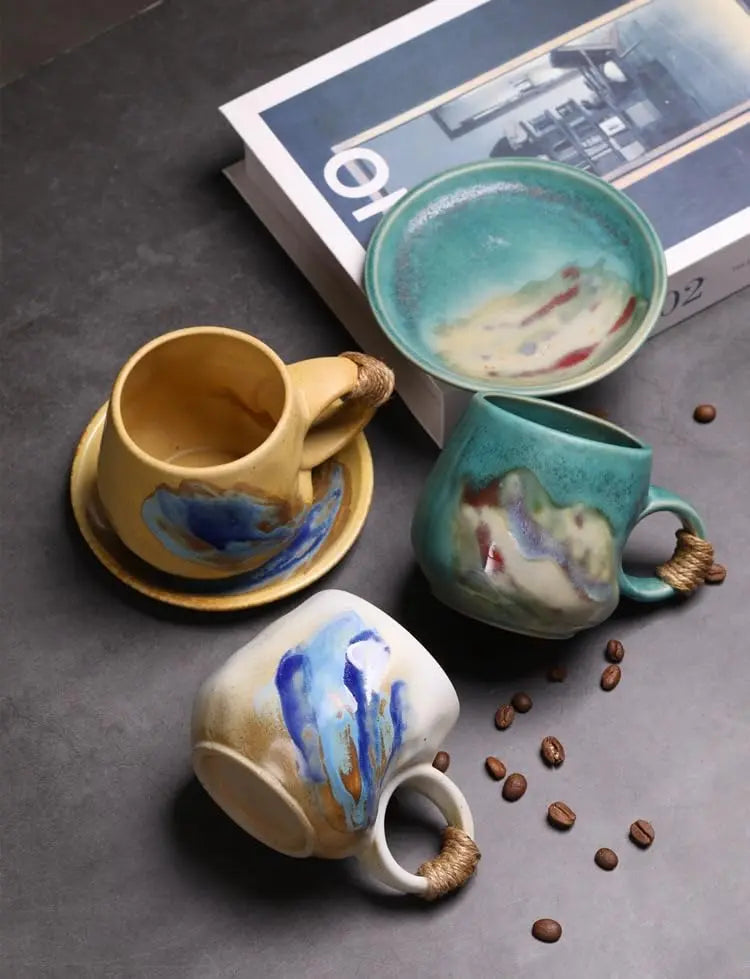 8oz Vintage Retro Japanese Style Handmade Ceramic Tea Cup and Saucer – Small Artisanal Mug with saucer set, Lead-Free Latte Art Mug, Handcrafted Pottery tea mug with handle,Teal Green - Crema Peaks Coffee