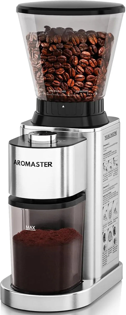 Aromaster Burr Coffee Grinder with 48 Gind Settings, Conical Coffee Bean Grinder for Home Use,Stainless Steel,40 Seconds Adjustable Timer,Anti-static,Easy to Clean with Brush - Crema Peaks Coffee