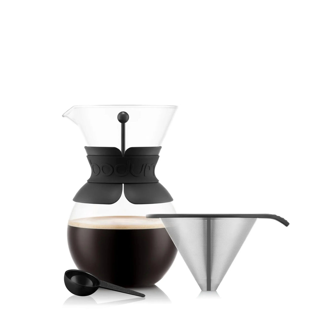 Bodum 34oz Pour Over Coffee Maker, High-Heat Borosilicate Glass with Reusable Stainless Steel Filter and Cork Grip - Made in Portugal - Crema Peaks Coffee