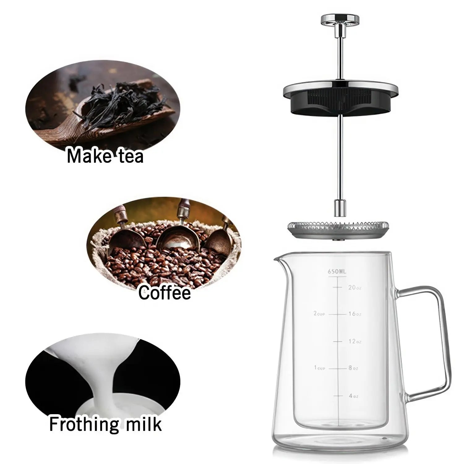 French Press Coffee Maker 22Oz - Double-Wall Insulated Borosilicate Glass - Ergonomic Handle - Coffee Gift - Tea & Coffee Press - Crema Peaks Coffee