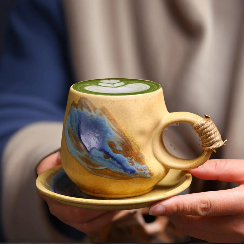 8oz Vintage Retro Japanese Style Handmade Ceramic Tea Cup and Saucer – Small Artisanal Mug with saucer set, Lead-Free Latte Art Mug, Handcrafted Pottery tea mug with handle,Teal Green - Crema Peaks Coffee