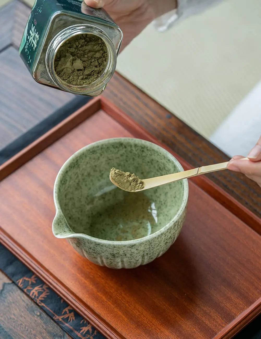 Matcha Set by TANG PIN - Match Bowl with Spout and Whisk, 15 OZ, Matcha Scoop | Matcha Whisk Stand (Chasen Holder) - 4pc Perfect Matcha Kit for Matcha Tea Ceremony (Green) - Crema Peaks Coffee