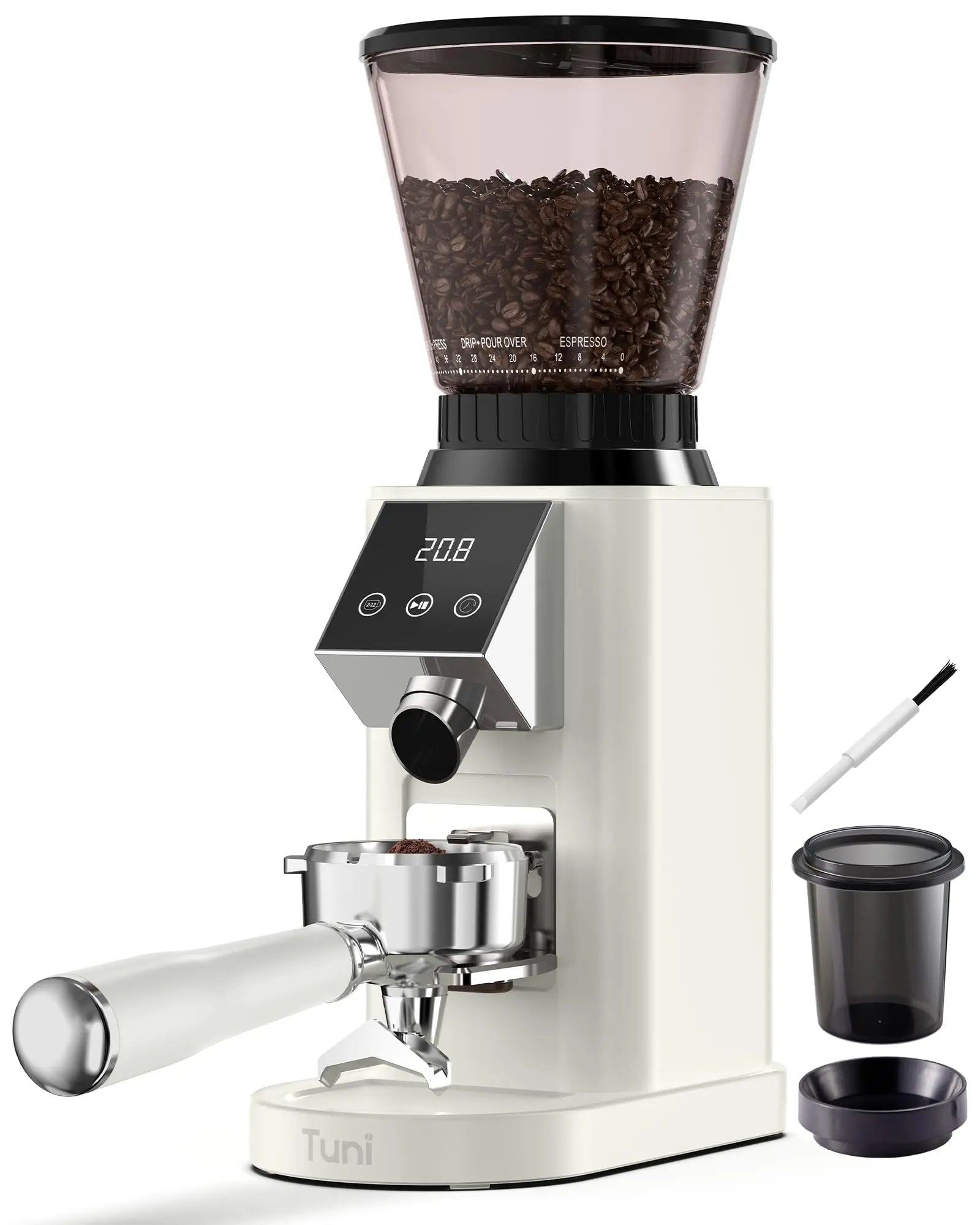 Tuni G1 Conical Burr Coffee Grinder, 48 Grind Settings Anti-static Burr Mill, Precision Electronic Timer and LED Touchscreen for Espresso/Drip/Cold Brew/French Press, Stainless Steel, Ivory - Crema Peaks Coffee