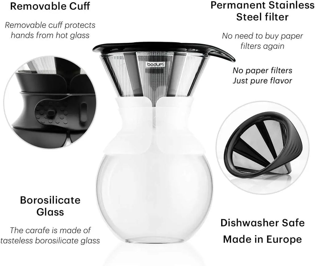 Bodum 34oz Pour Over Coffee Maker, High-Heat Borosilicate Glass with Reusable Stainless Steel Filter and Cork Grip - Made in Portugal - Crema Peaks Coffee