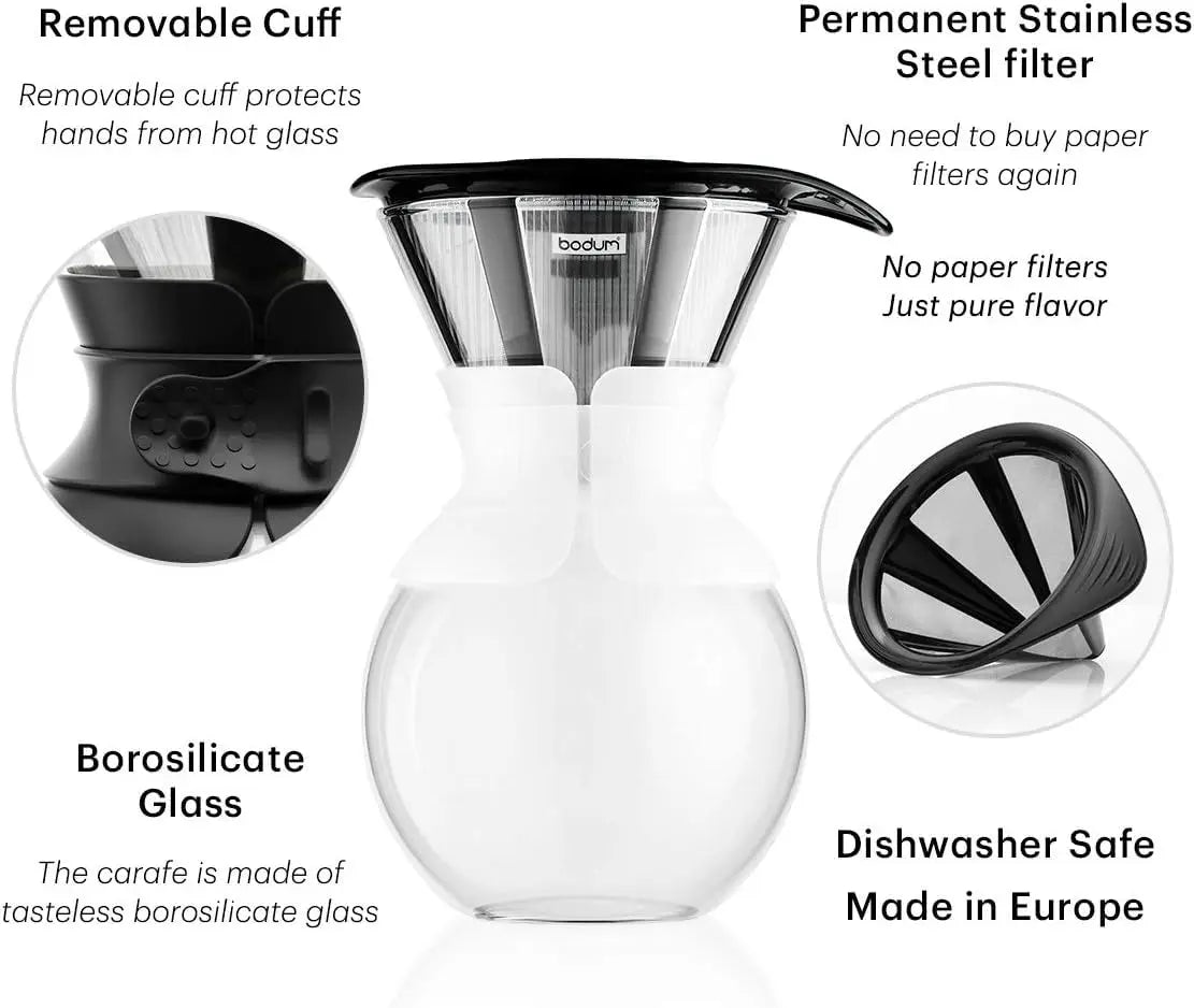 Bodum 34oz Pour Over Coffee Maker, High-Heat Borosilicate Glass with Reusable Stainless Steel Filter and Cork Grip - Made in Portugal - Crema Peaks Coffee