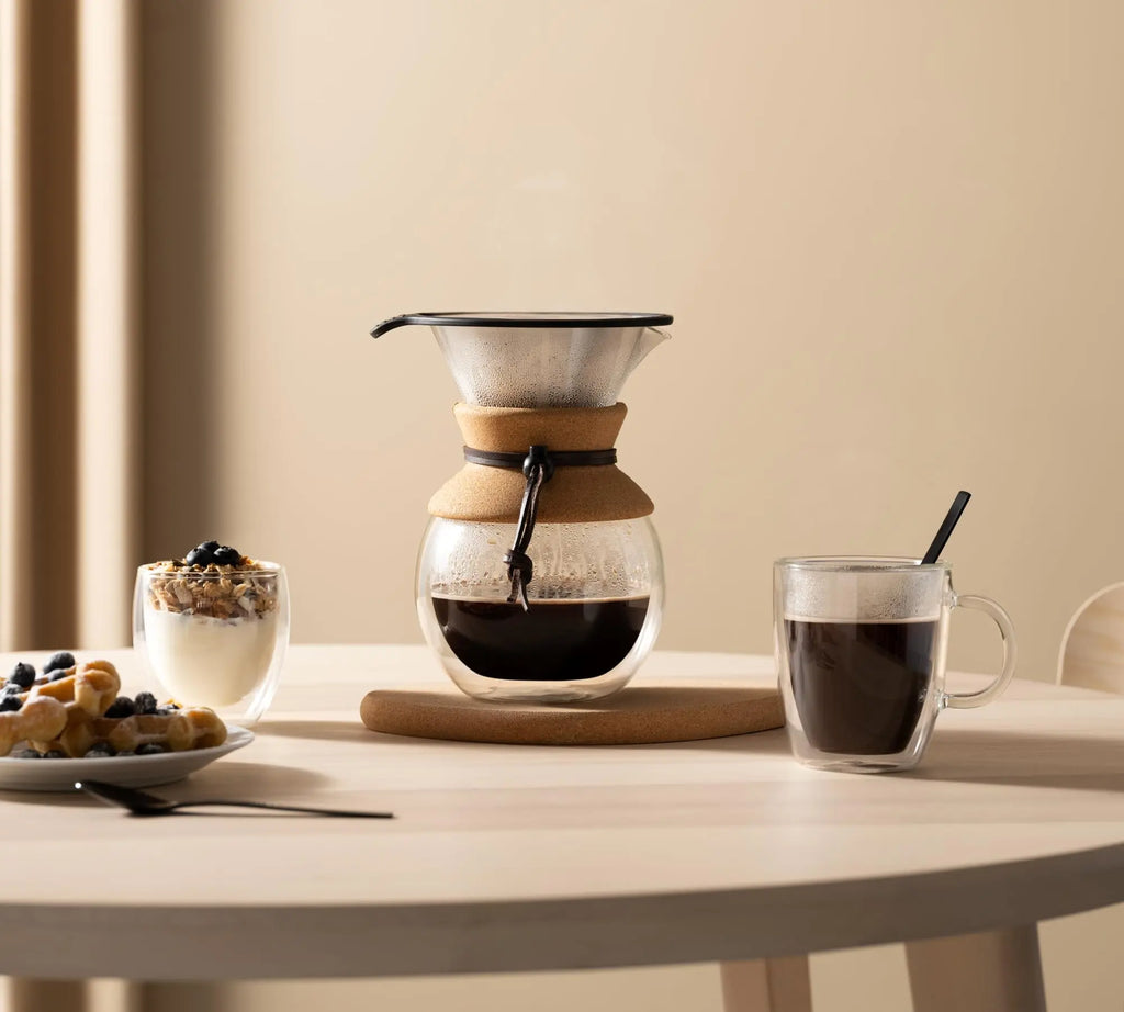 Bodum 34oz Pour Over Coffee Maker, High-Heat Borosilicate Glass with Reusable Stainless Steel Filter and Cork Grip - Made in Portugal - Crema Peaks Coffee