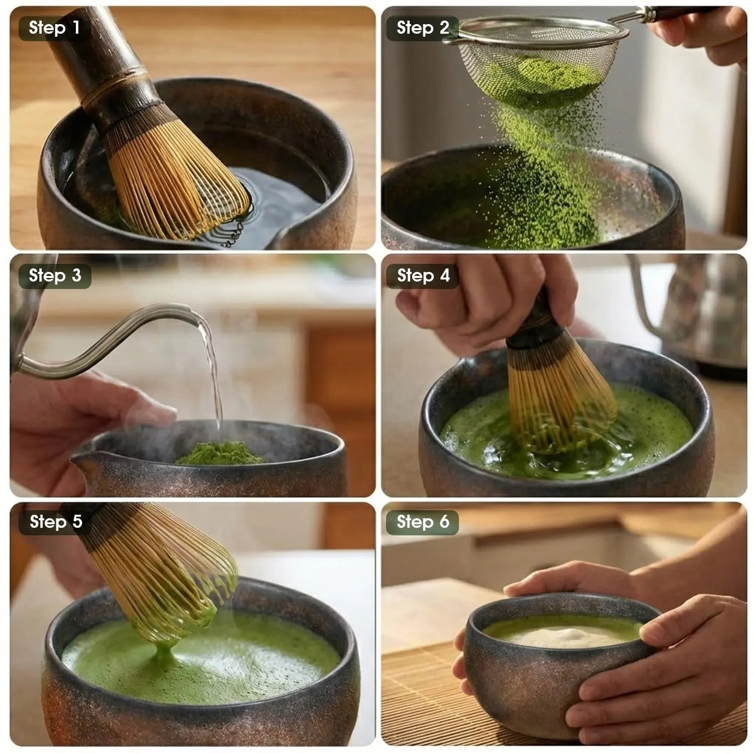 7-Piece Matcha Set with Ceramic Matcha Bowl, Bamboo Whisk (Chasen) & Holder, Sifter, Tea Scoop & Rest, Special Bamboo Tea Mat - Perfect Matcha Kit for Matcha Lovers & Gift Giving, Gilded - Crema Peaks Coffee