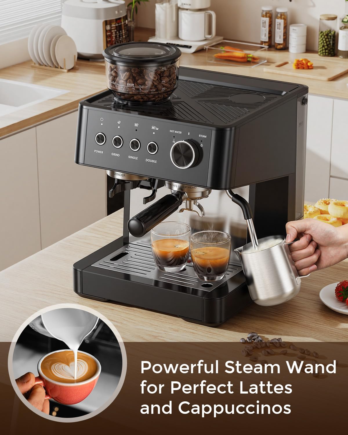 (2026 Upgrade) 15 Bar Espresso Machine with Built-in Anti-Clog Coffee Grinder, Expresso Coffee Machines with Milk Steam Wand/Frother/Tamping Tools,Espresso Maker with Grinder for Lattes-Almond