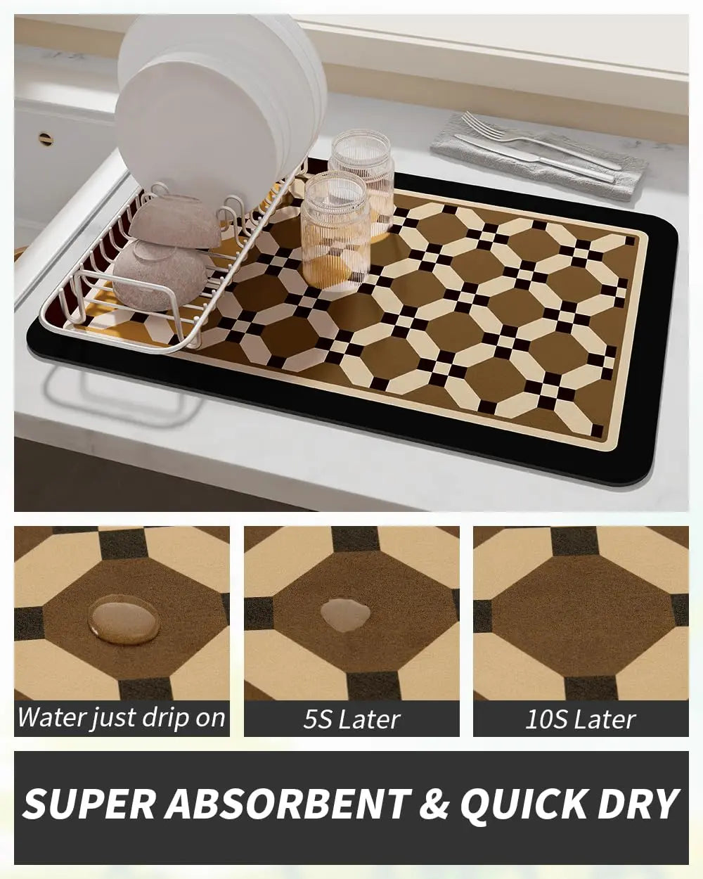 Coffee Mat Hide Stain Rubber Backed Absorbent Dish Drying Mat for Kitchen Counter -AMOAMI Mat Fits Under Coffee Maker or Machine - Crema Peaks Coffee