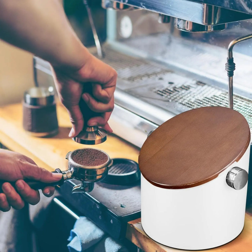 Espresso Knock Box with Walnut Lid for Coffee Grounds, Espresso Machine Accessory, Easy Disposal of Coffee Pucks, Removable Knock Bar(White,Round) - Crema Peaks Coffee