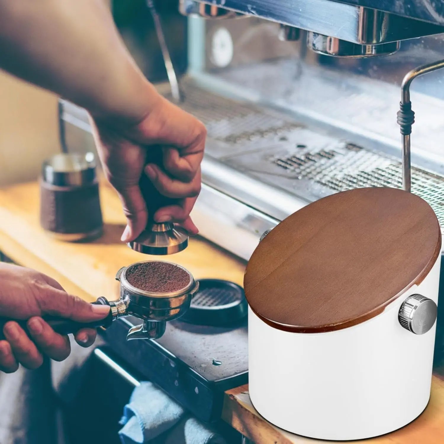 Espresso Knock Box with Walnut Lid for Coffee Grounds, Espresso Machine Accessory, Easy Disposal of Coffee Pucks, Removable Knock Bar(White,Round) - Crema Peaks Coffee