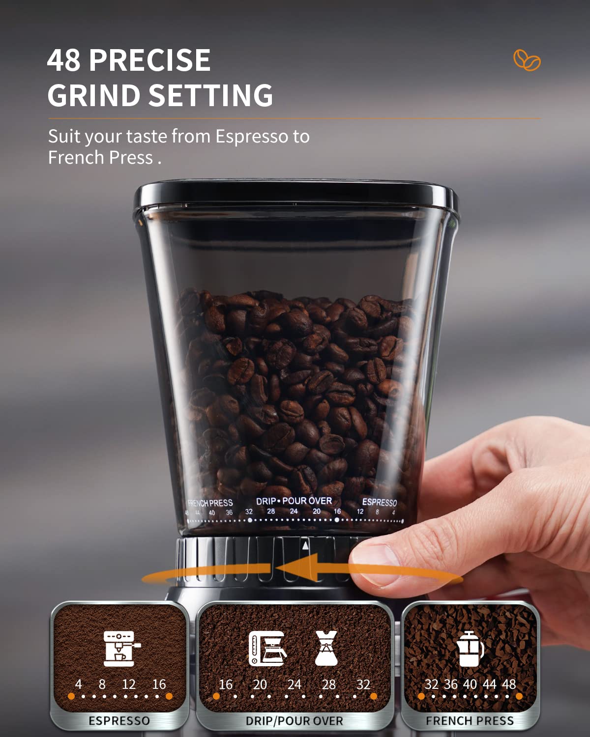 SHARDOR Professional Conical Burr Coffee Grinder, Coffee Bean Grinder with 48 Grind Settings for Espresso, Drip & French Press, Upgraded Anti-Static Technology, Precision Timer, Stainless Steel - Crema Peaks Coffee