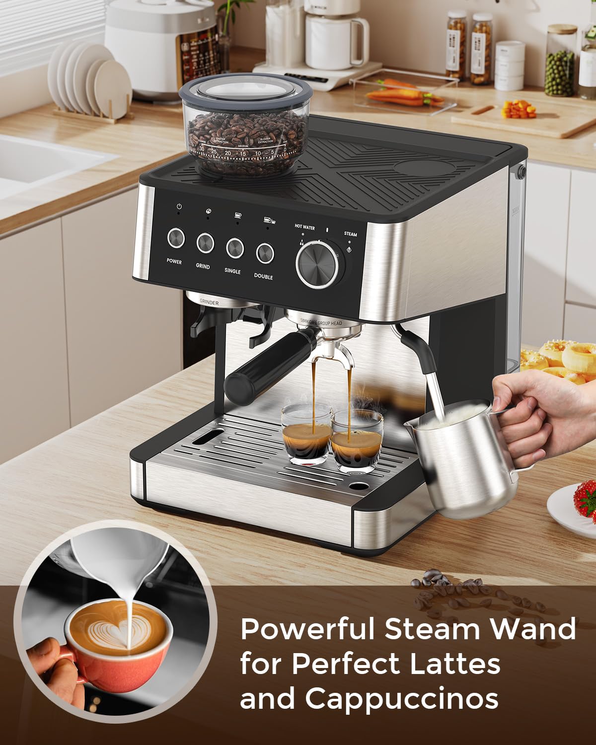 (2026 Upgrade) 15 Bar Espresso Machine with Built-in Anti-Clog Coffee Grinder, Expresso Coffee Machines with Milk Steam Wand/Frother/Tamping Tools,Espresso Maker with Grinder for Lattes-Almond