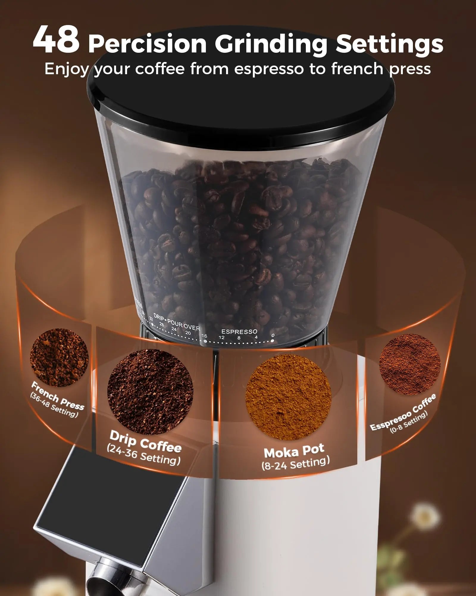 Tuni G1 Conical Burr Coffee Grinder, 48 Grind Settings Anti-static Burr Mill, Precision Electronic Timer and LED Touchscreen for Espresso/Drip/Cold Brew/French Press, Stainless Steel, Ivory - Crema Peaks Coffee