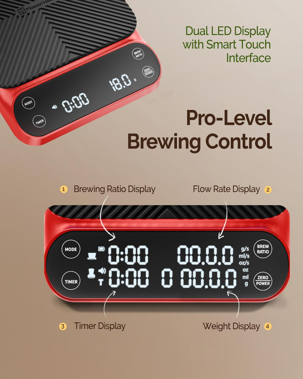 Maestri House S3 Coffee Scale with Timer, 3kg/0.1g Rechargeable Digital Scale, 3 Brew Modes, Adjustable Ratios & Flow Rate Display, Barista-Grade for Pour-Over, Espresso, French Press – Black - Crema Peaks Coffee