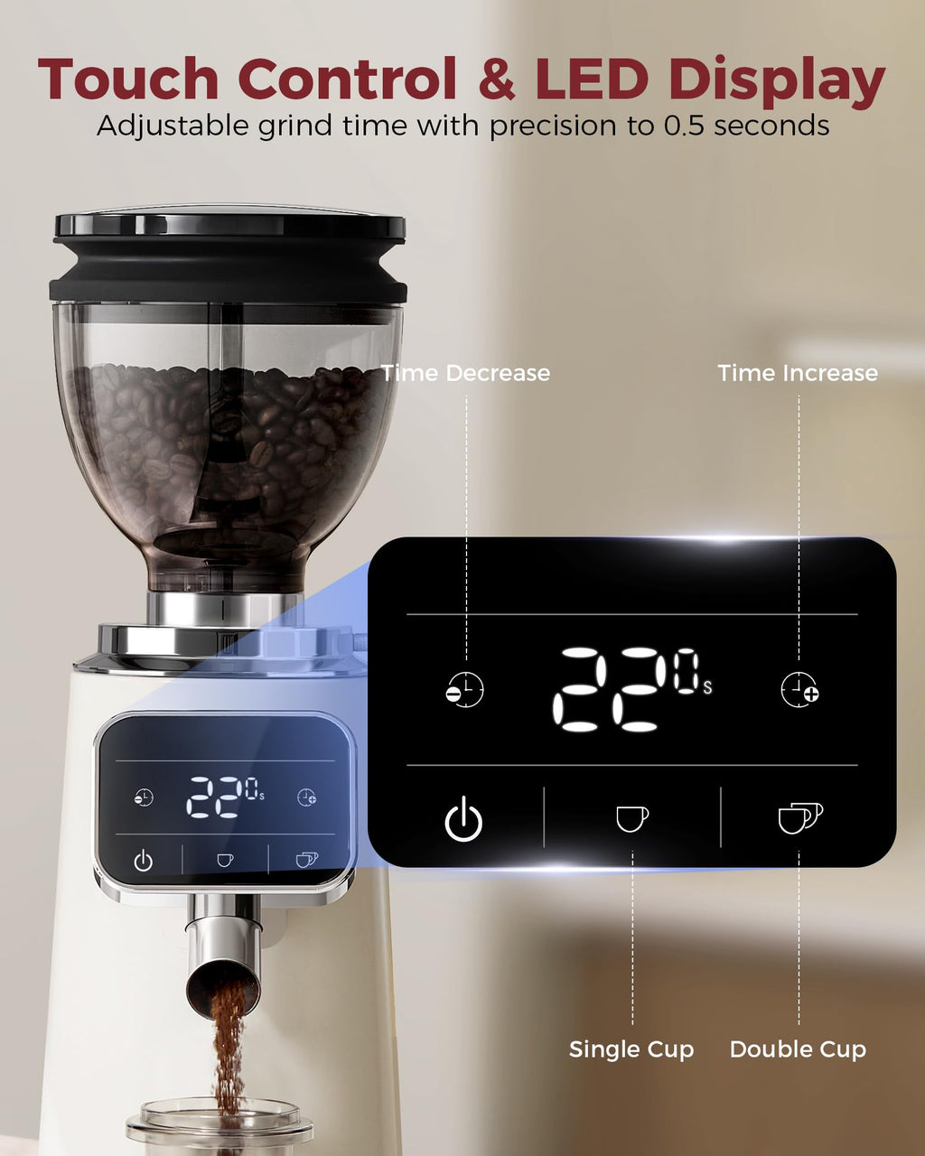 Tuni G3 coffee grinder 64mm Flat Burr Coffee Grinder, 100 Grind Settings Electric Espresso Grinder with Single Dose Set | Commercial Grade Precision, Touchscreen | Anti-Static Tech | Stainless Steel (Ivory) - Crema Peaks Coffee