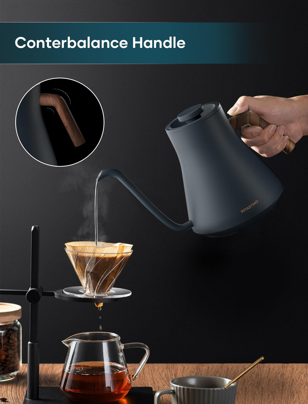 INTASTING Electric Kettles, Gooseneck Electric Kettle, ±1℉ Temperature Control, Stainless Steel Inner, Quick Heating, for Pour Over Coffee, Brew Tea, Boil Hot Water, 0.9L Dark Grey