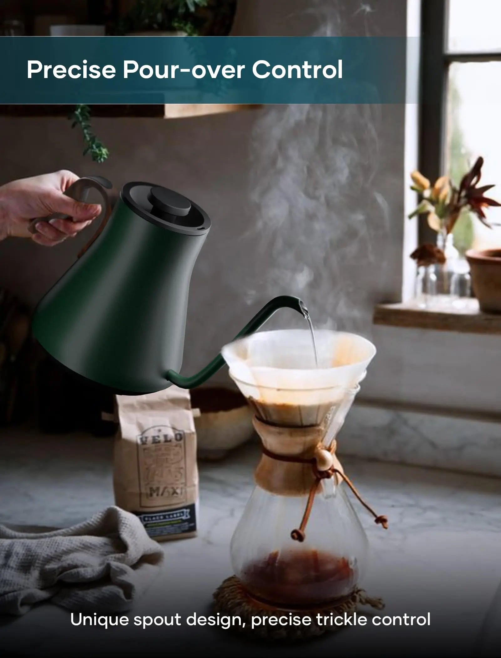 Electric Kettle, Gooseneck Electric Kettle, ±1℉ Precise Temperature Control, Stainless Steel Interior, Quick Heating for Pour Over Coffee, Tea & Boiling Water, 0.9L (Black) - Crema Peaks Coffee