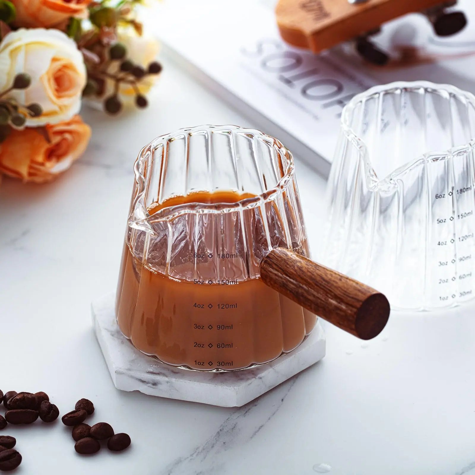 1 Pcs Espresso Shot Glass with Handle, 6 oz/180 ml Espresso Cup with Single V-shaped Mouth, Measuring Cup for Milk Tea Coffee Bar Accessories (Clear) - Crema Peaks Coffee