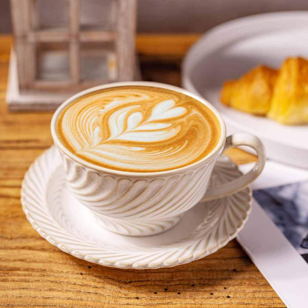 12 OZ Latte Cup with Saucer, Cappuccino Cup Vintage Cafe Art Cups for Espresso Turkish Coffee, Farmhouse Latte Mugs Tea Cups and Saucers Porcelain Set for Christmas Thanksgiving Day Gift - Crema Peaks Coffee