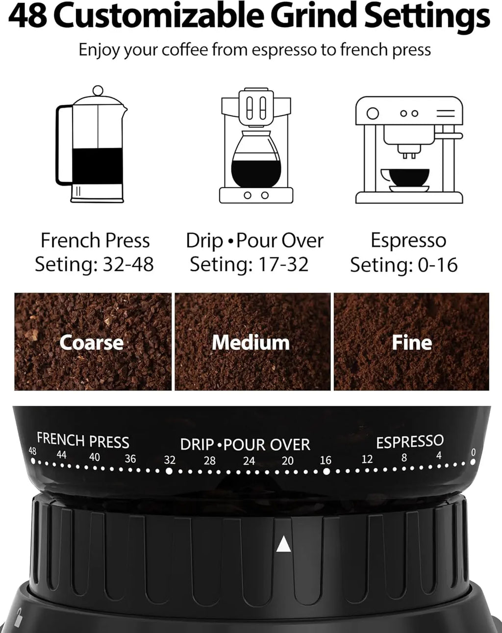 Aromaster Burr Coffee Grinder with 48 Gind Settings, Conical Coffee Bean Grinder for Home Use,Stainless Steel,40 Seconds Adjustable Timer,Anti-static,Easy to Clean with Brush - Crema Peaks Coffee