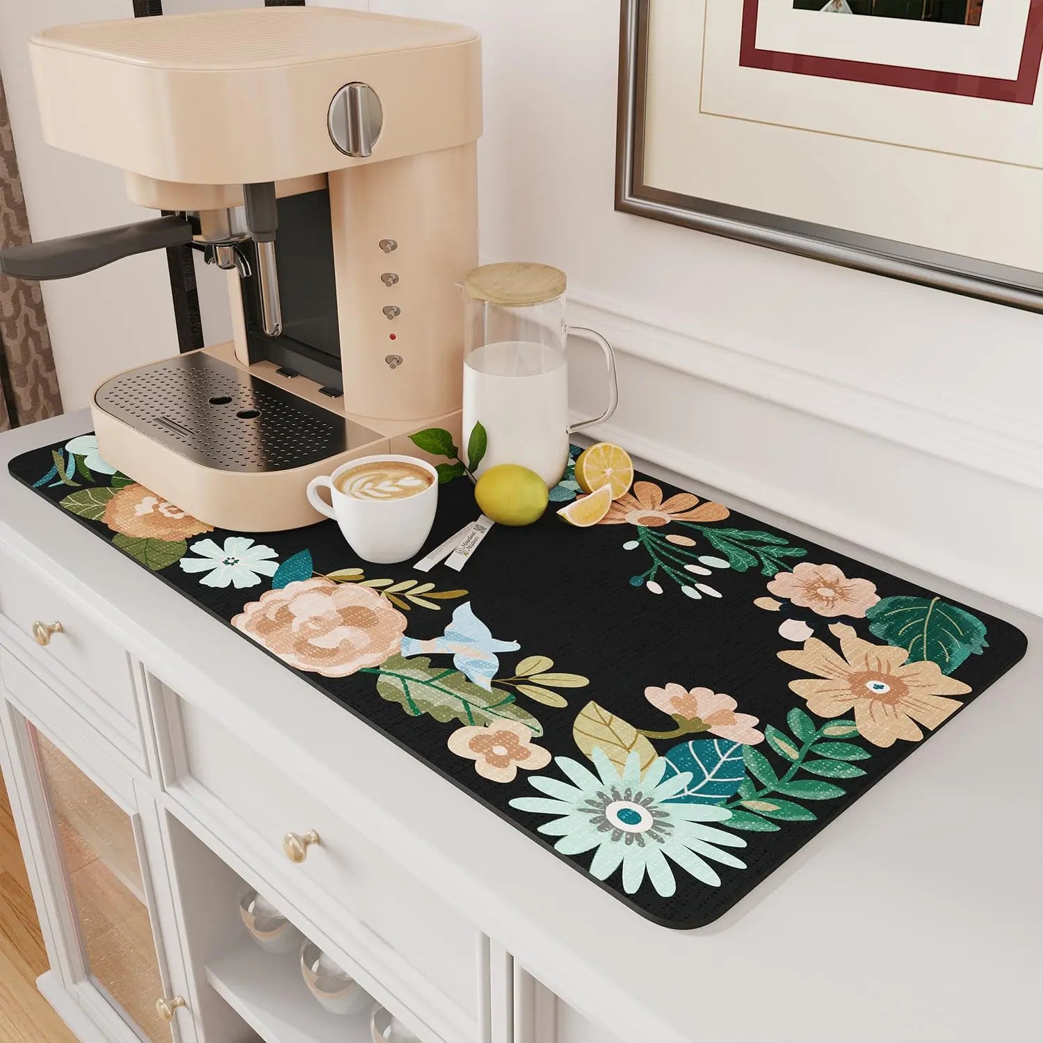 Coffee Mat Hide Stain Rubber Backed Absorbent Dish Drying Mat for Kitchen Counter -AMOAMI Mat Fits Under Coffee Maker or Machine - Crema Peaks Coffee