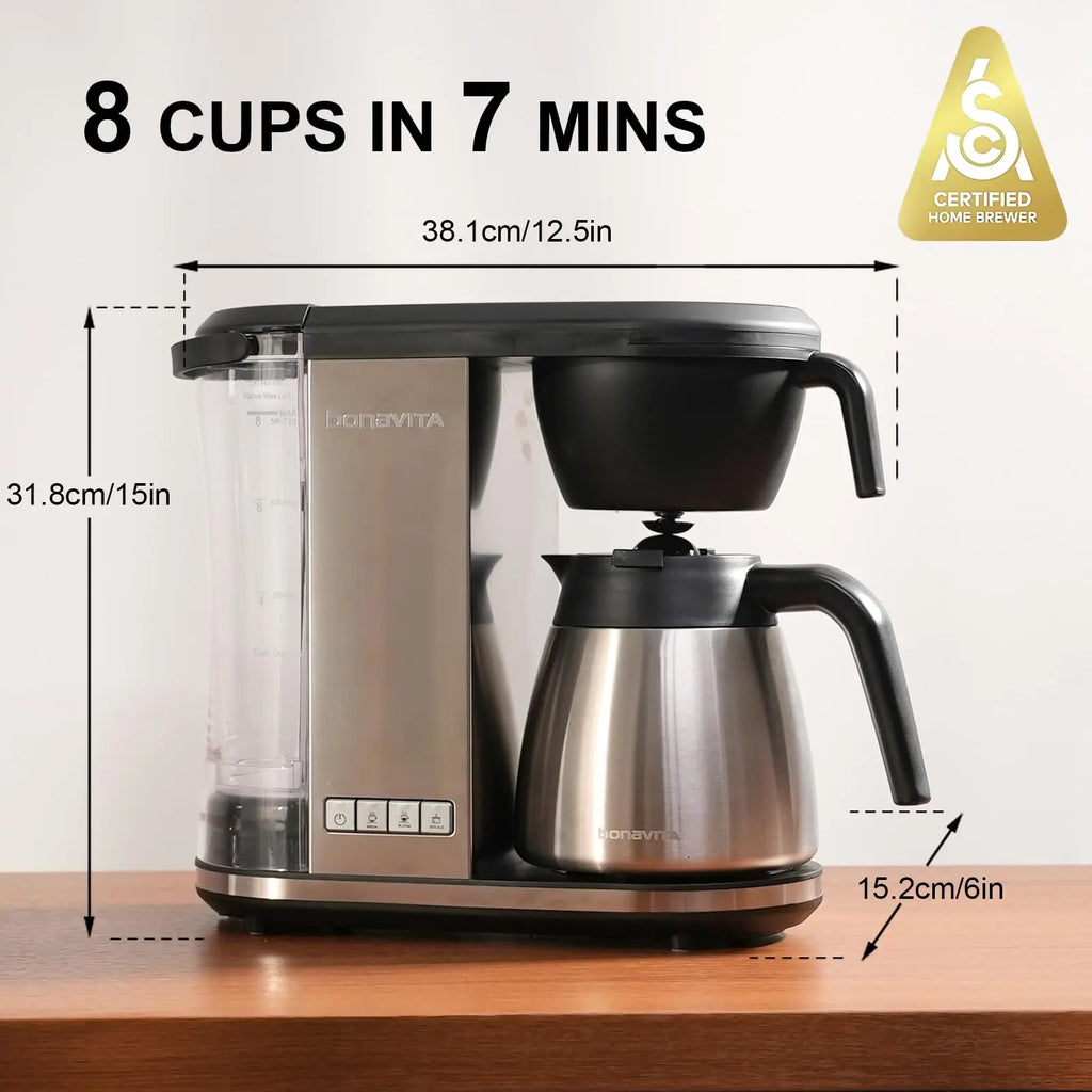 Bonavita Enthusiast 8 Cup Drip Coffee Brewer, Pour Over, SCA Certified Coffee Machine with Thermal Carafe, Stainless Steel Panel, Removable Reservoir - Crema Peaks Coffee