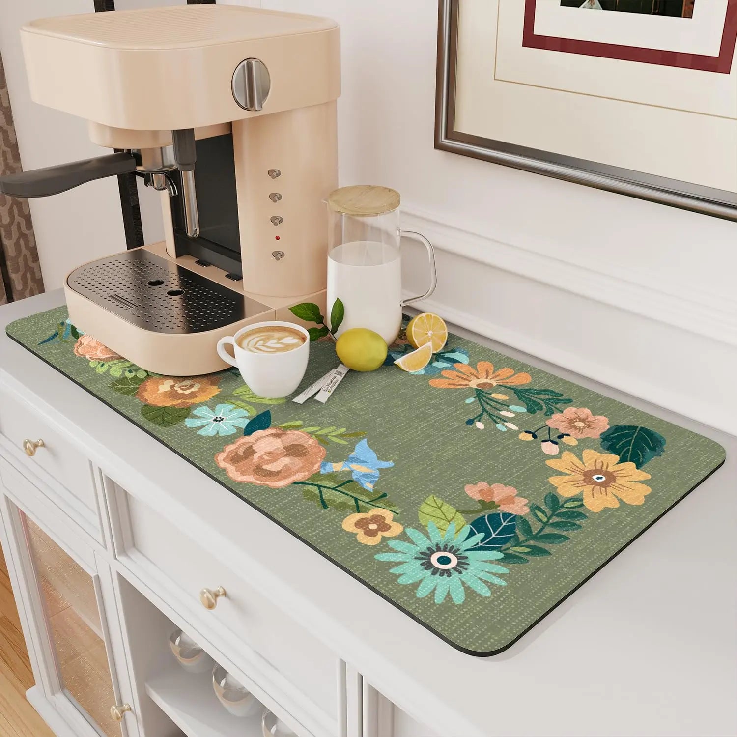 Coffee Mat Hide Stain Rubber Backed Absorbent Dish Drying Mat for Kitchen Counter -AMOAMI Mat Fits Under Coffee Maker or Machine - Crema Peaks Coffee