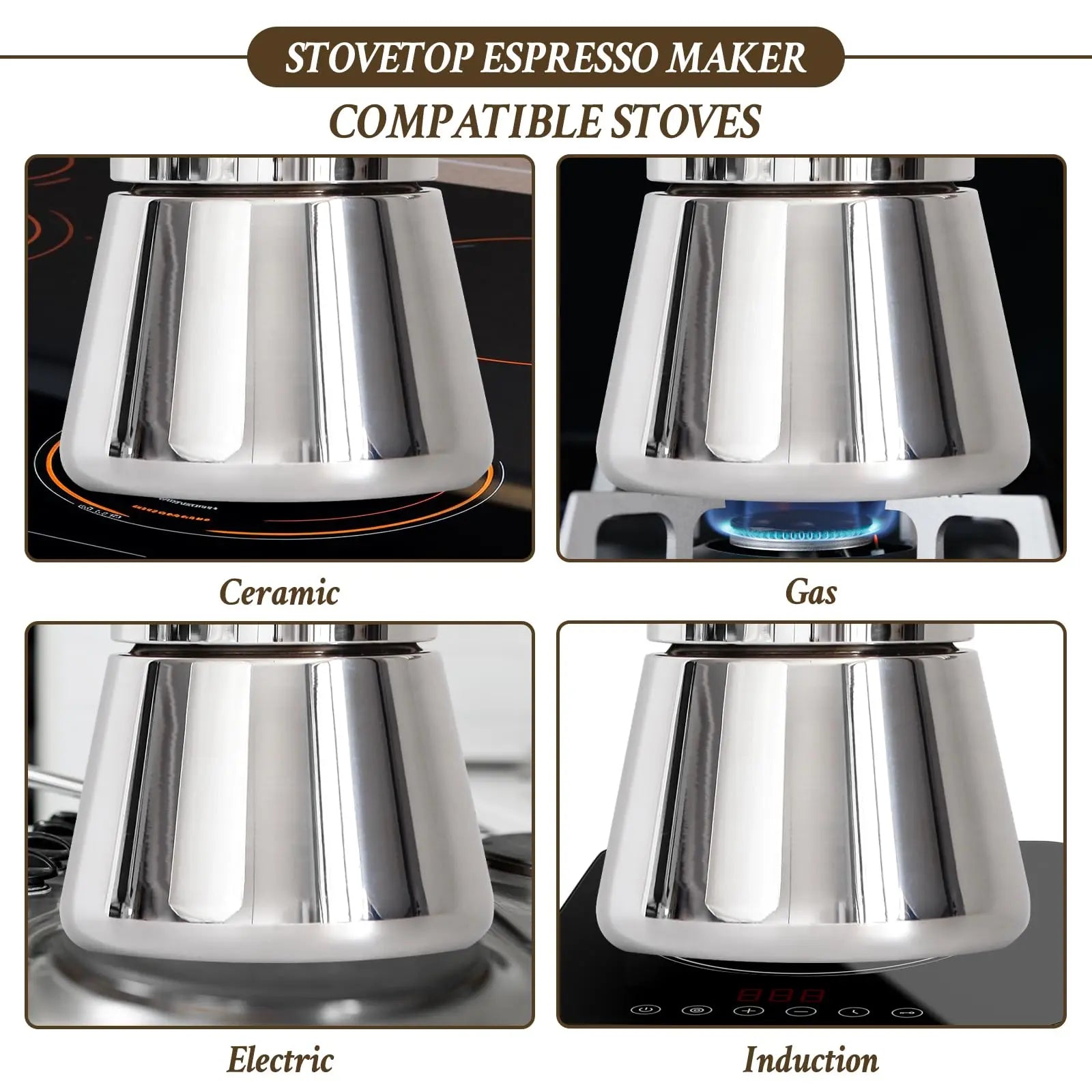 Stovetop Espresso Maker, 6Cup 10 oz Moka Pot, Stainless Steel Cuban and Italian Coffee Maker for Cafetera Cubana, Greca De Cafe Induction Stovetop Compatible, Coffee Gift for Home Travel - Crema Peaks Coffee