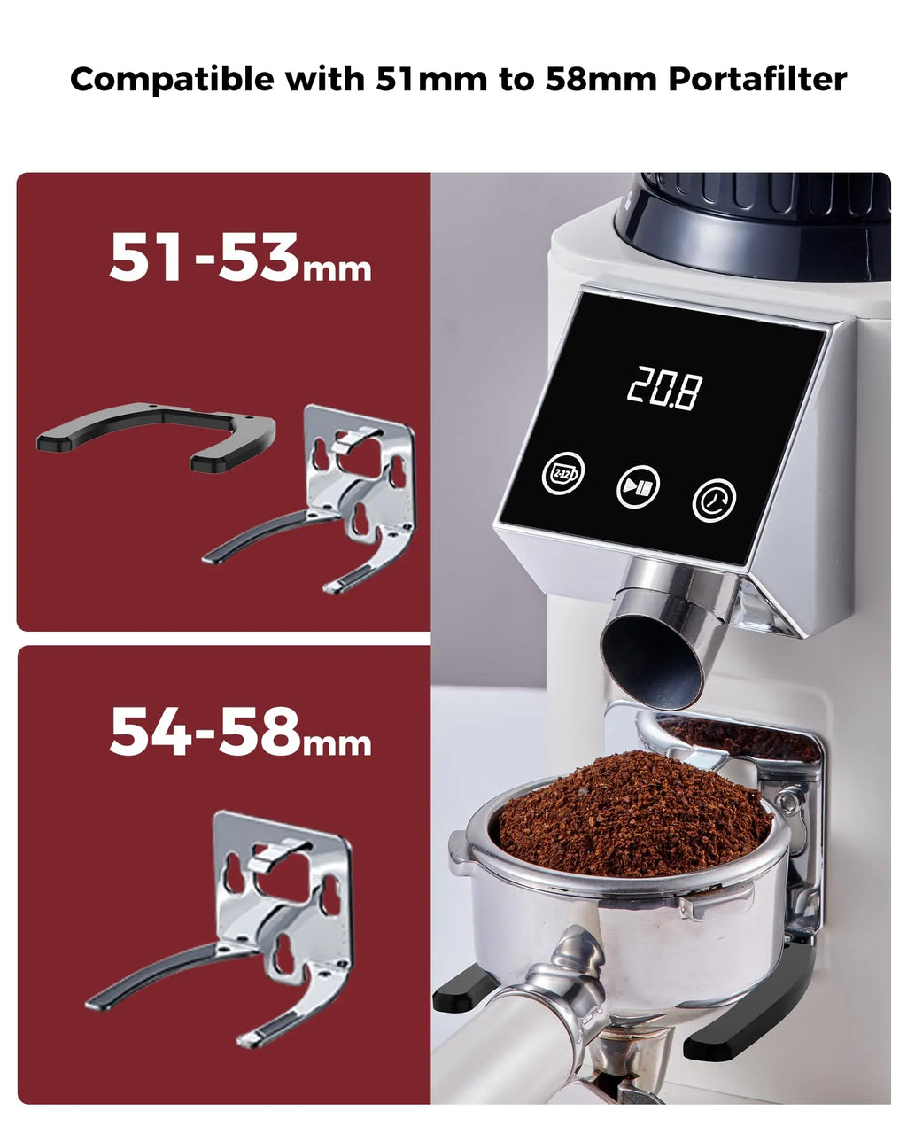 Tuni G1 Conical Burr Coffee Grinder, 48 Grind Settings Anti-static Burr Mill, Precision Electronic Timer and LED Touchscreen for Espresso/Drip/Cold Brew/French Press, Stainless Steel, Ivory - Crema Peaks Coffee