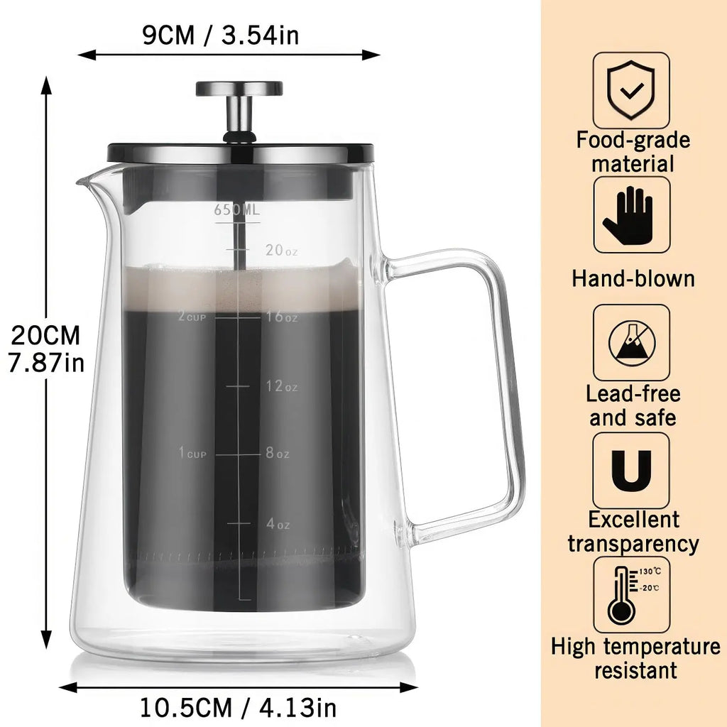 French Press Coffee Maker 22Oz - Double-Wall Insulated Borosilicate Glass - Ergonomic Handle - Coffee Gift - Tea & Coffee Press - Crema Peaks Coffee