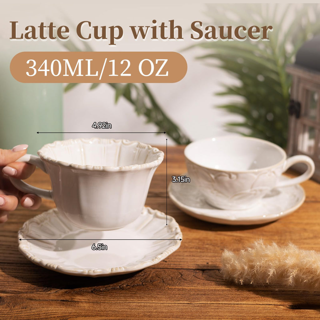 12 OZ Latte Cup with Saucer, Cappuccino Cup Vintage Cafe Art Cups for Espresso Turkish Coffee, Farmhouse Latte Mugs Tea Cups and Saucers Porcelain Set for Christmas Thanksgiving Day Gift - Crema Peaks Coffee