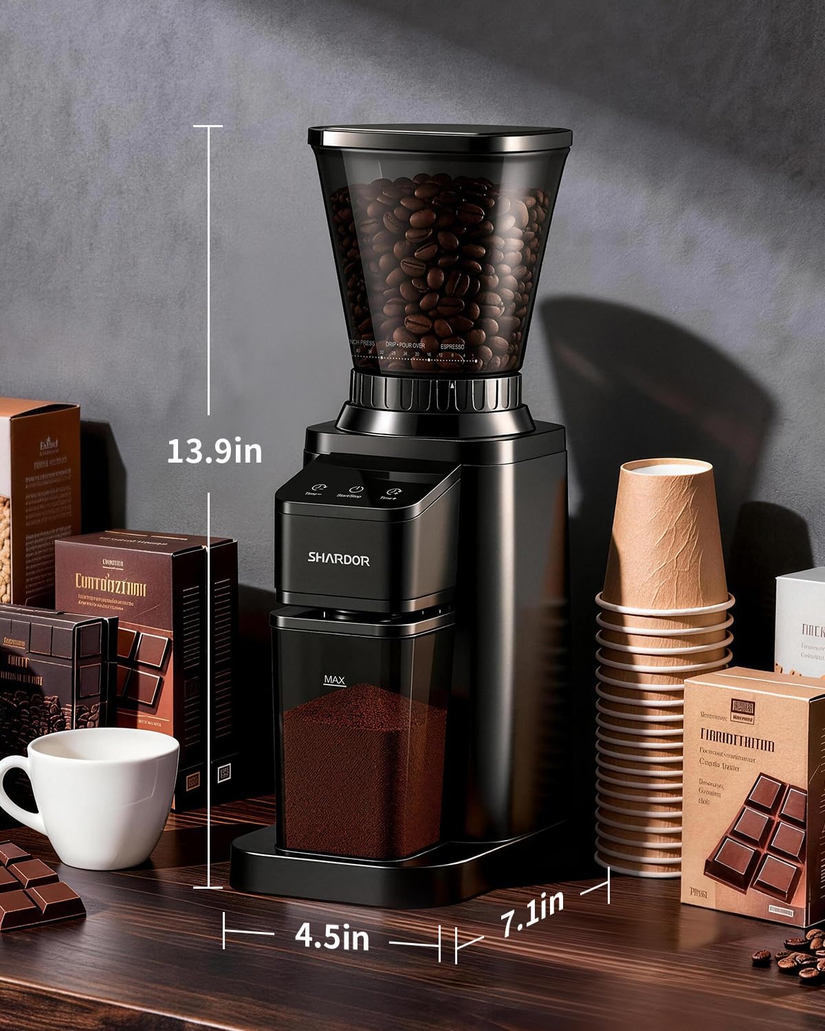 SHARDOR Professional Conical Burr Coffee Grinder, Coffee Bean Grinder with 48 Grind Settings for Espresso, Drip & French Press, Upgraded Anti-Static Technology, Precision Timer, Stainless Steel - Crema Peaks Coffee