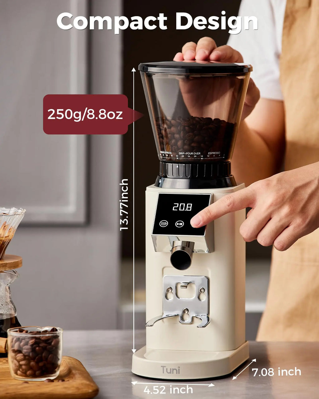 Tuni G1 Conical Burr Coffee Grinder, 48 Grind Settings Anti-static Burr Mill, Precision Electronic Timer and LED Touchscreen for Espresso/Drip/Cold Brew/French Press, Stainless Steel, Ivory - Crema Peaks Coffee