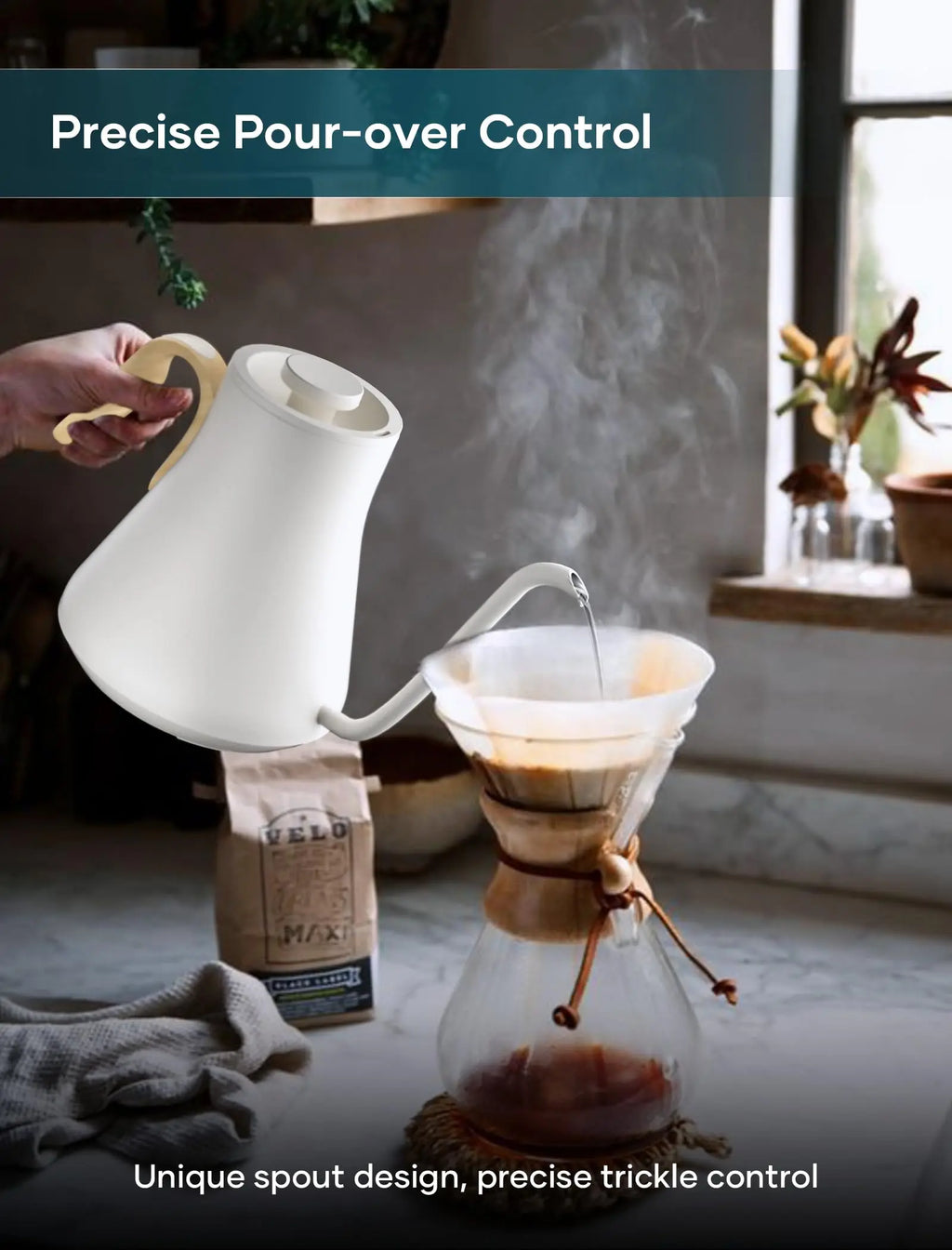 Electric Kettle, Gooseneck Electric Kettle, ±1℉ Precise Temperature Control, Stainless Steel Interior, Quick Heating for Pour Over Coffee, Tea & Boiling Water, 0.9L (Black) - Crema Peaks Coffee