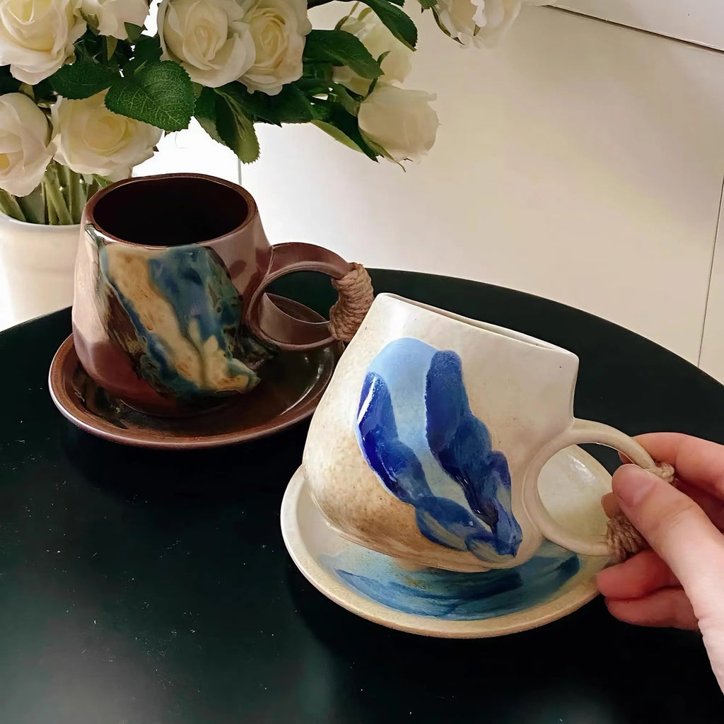8oz Vintage Retro Japanese Style Handmade Ceramic Tea Cup and Saucer – Small Artisanal Mug with saucer set, Lead-Free Latte Art Mug, Handcrafted Pottery tea mug with handle,Teal Green - Crema Peaks Coffee