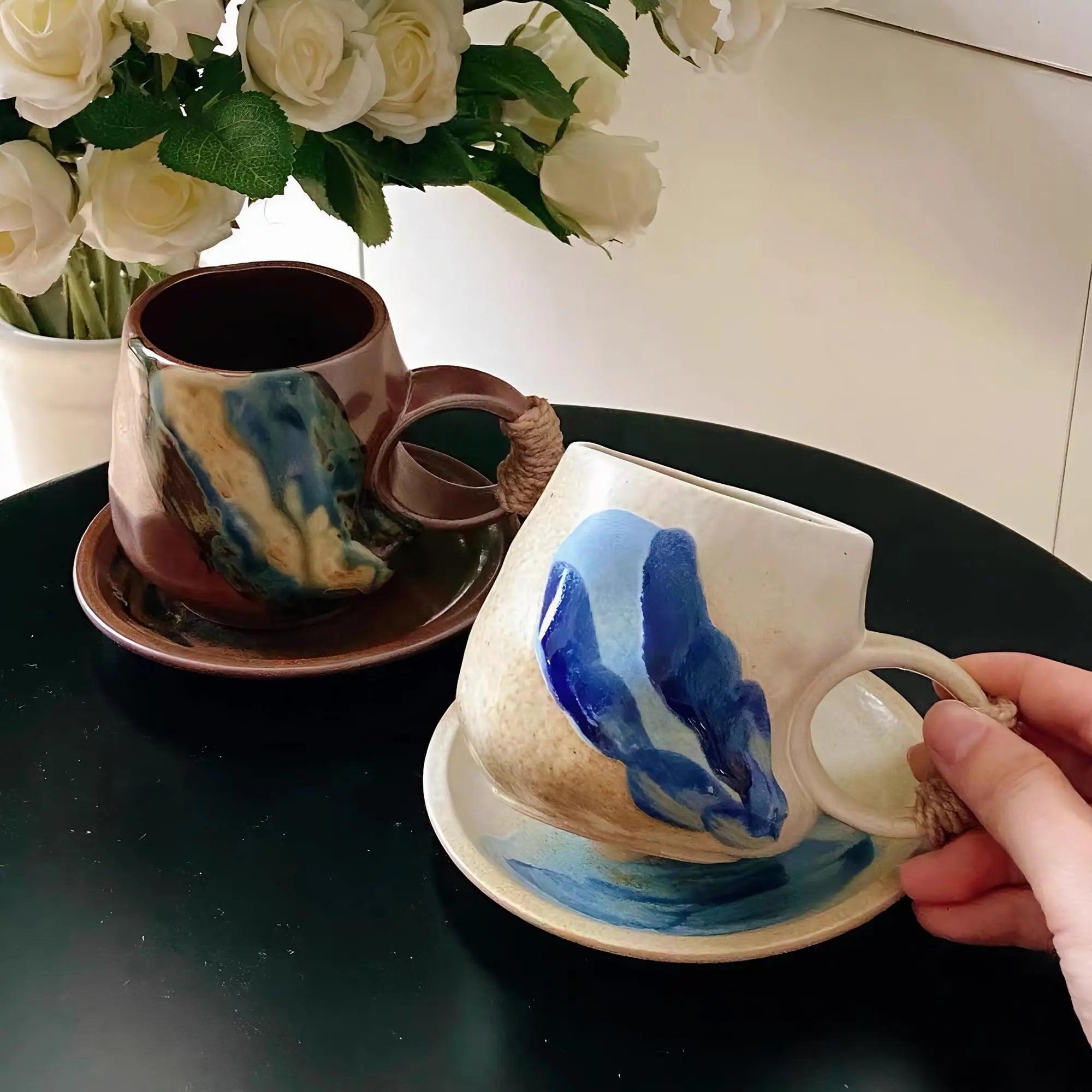 8oz Vintage Retro Japanese Style Handmade Ceramic Tea Cup and Saucer – Small Artisanal Mug with saucer set, Lead-Free Latte Art Mug, Handcrafted Pottery tea mug with handle,Teal Green - Crema Peaks Coffee