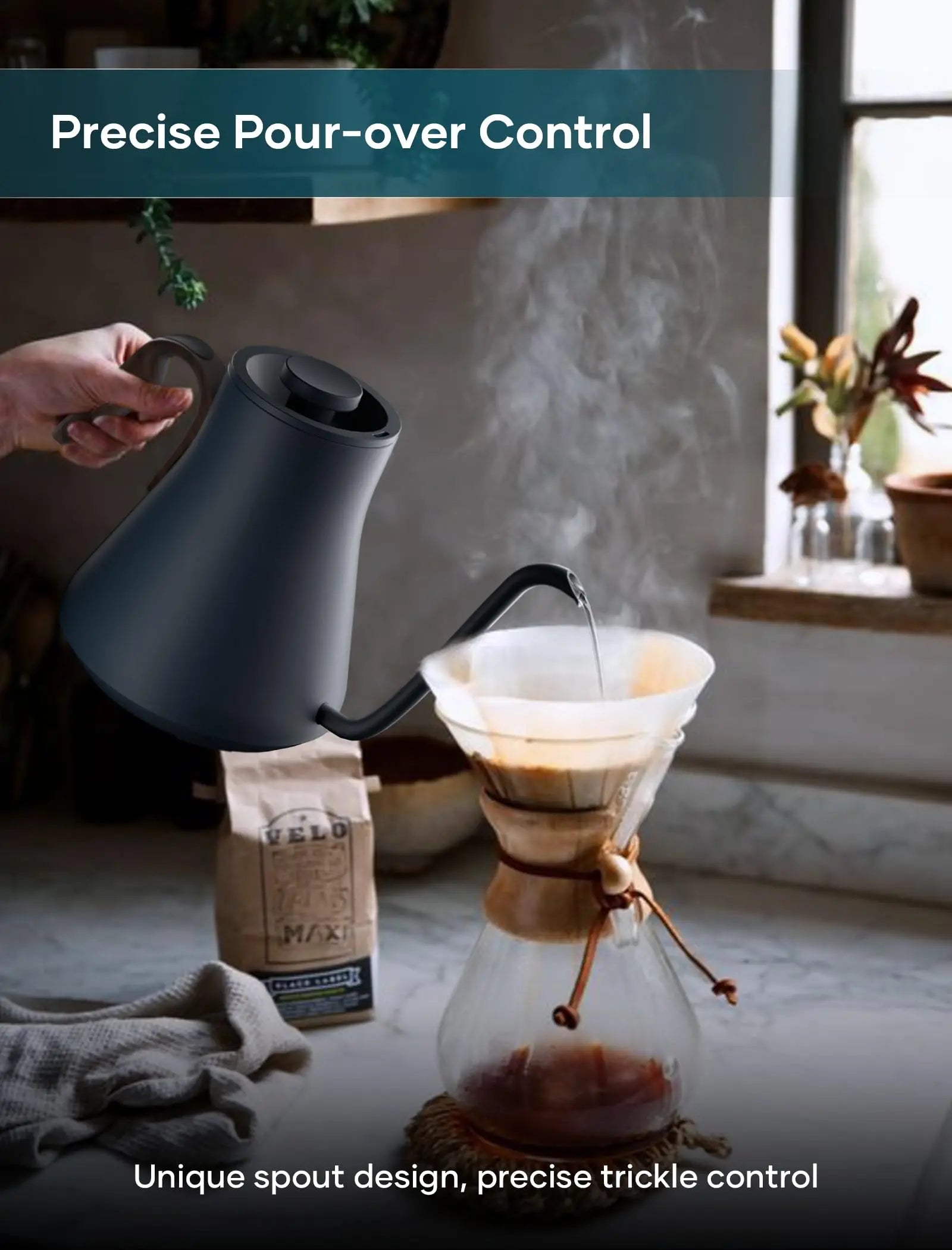 Electric Kettle, Gooseneck Electric Kettle, ±1℉ Precise Temperature Control, Stainless Steel Interior, Quick Heating for Pour Over Coffee, Tea & Boiling Water, 0.9L (Black) - Crema Peaks Coffee