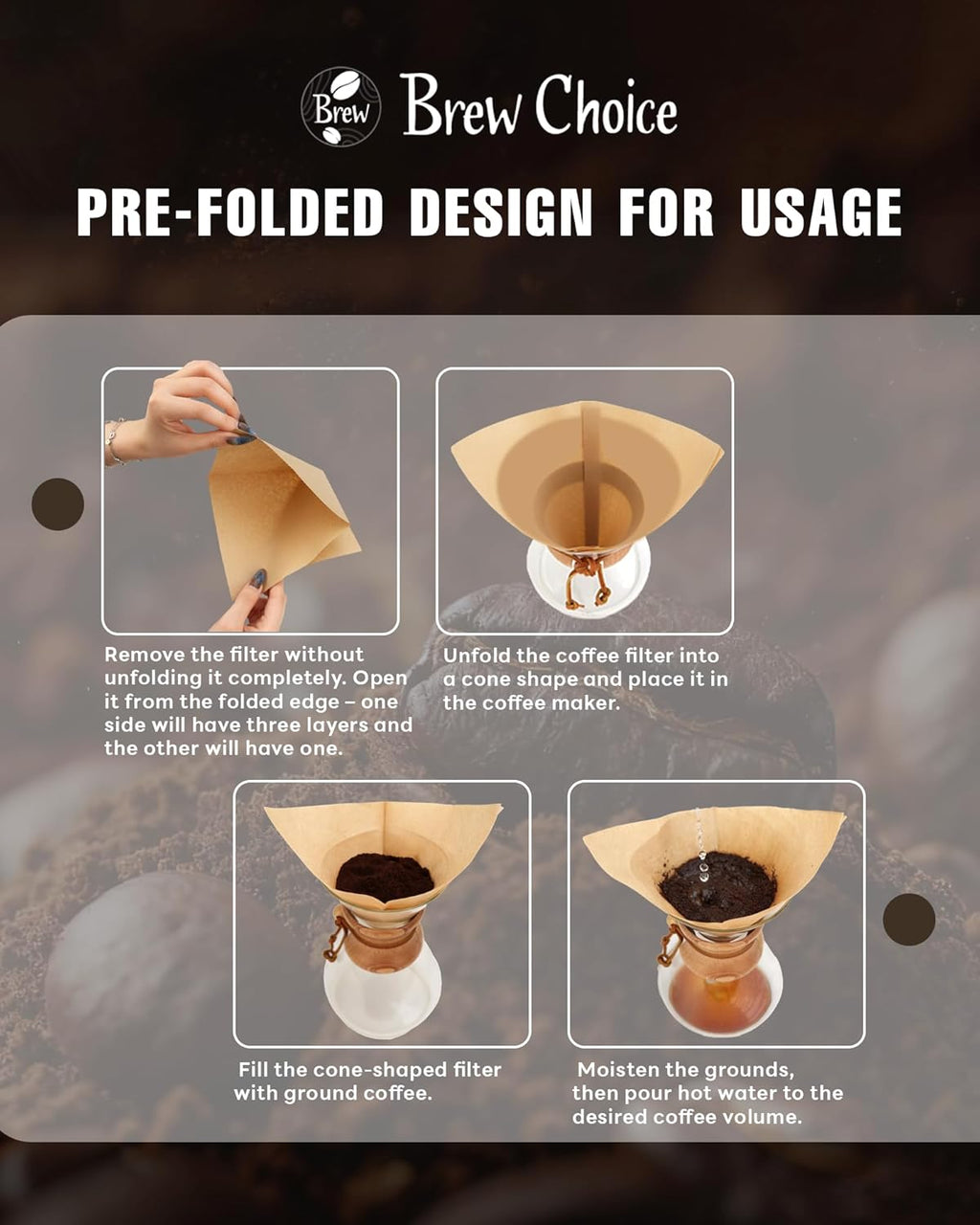 100ct Pre-folded Cone Coffee Filters Unbleached, Upgraded 30% Thicker Natural Paper for Pure Taste, Compatible with Chemex Pour-Over Coffee Makers - Crema Peaks Coffee