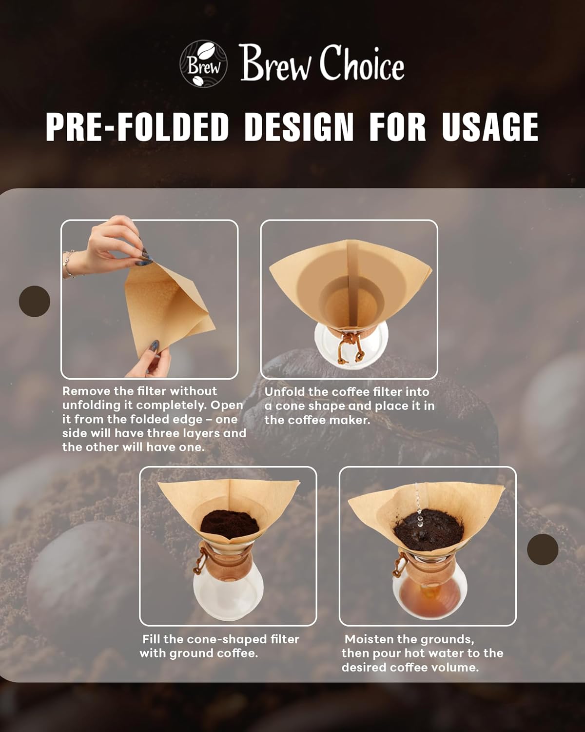 100ct Pre-folded Cone Coffee Filters Unbleached, Upgraded 30% Thicker Natural Paper for Pure Taste, Compatible with Chemex Pour-Over Coffee Makers - Crema Peaks Coffee