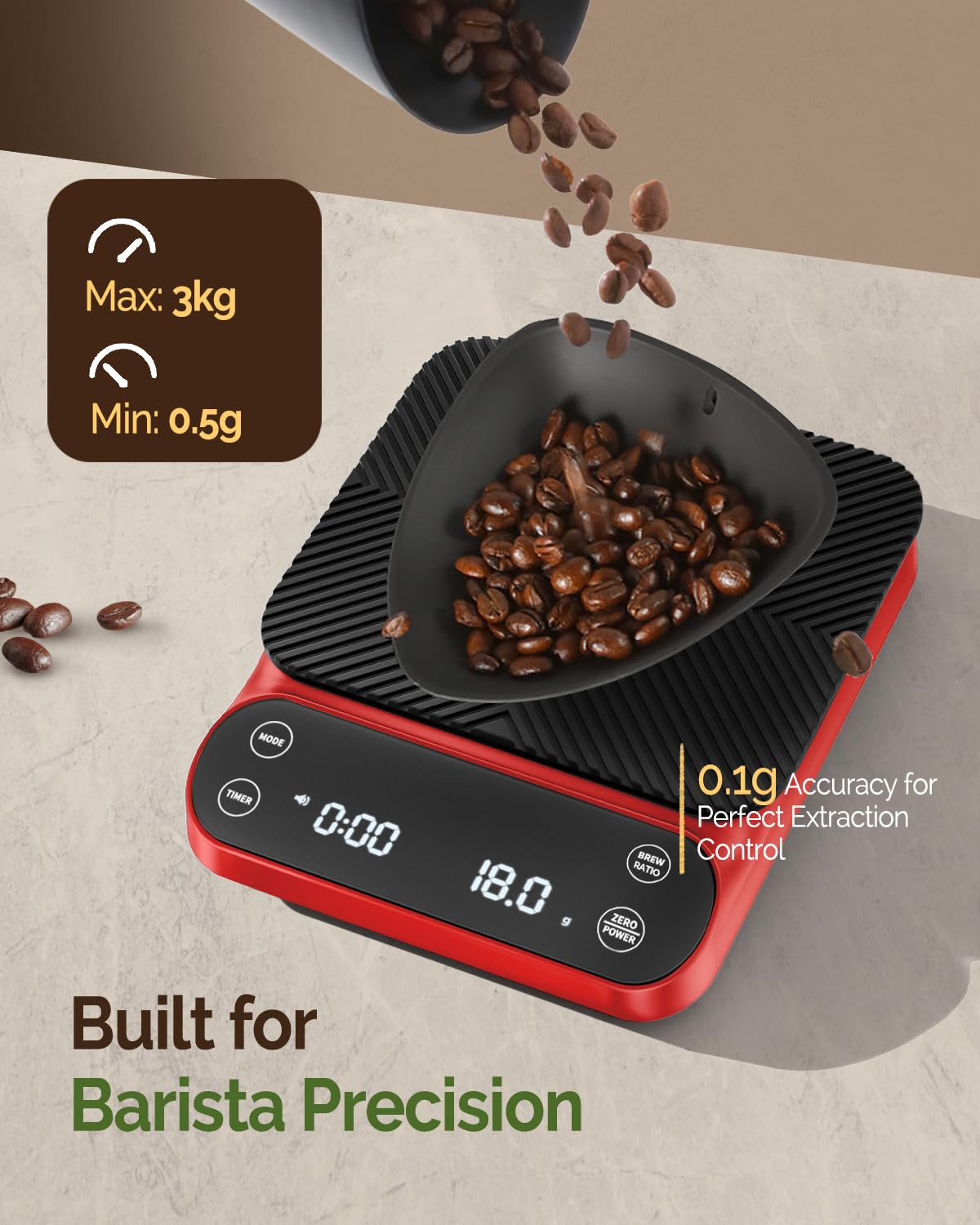 Maestri House S3 Coffee Scale with Timer, 3kg/0.1g Rechargeable Digital Scale, 3 Brew Modes, Adjustable Ratios & Flow Rate Display, Barista-Grade for Pour-Over, Espresso, French Press – Black - Crema Peaks Coffee