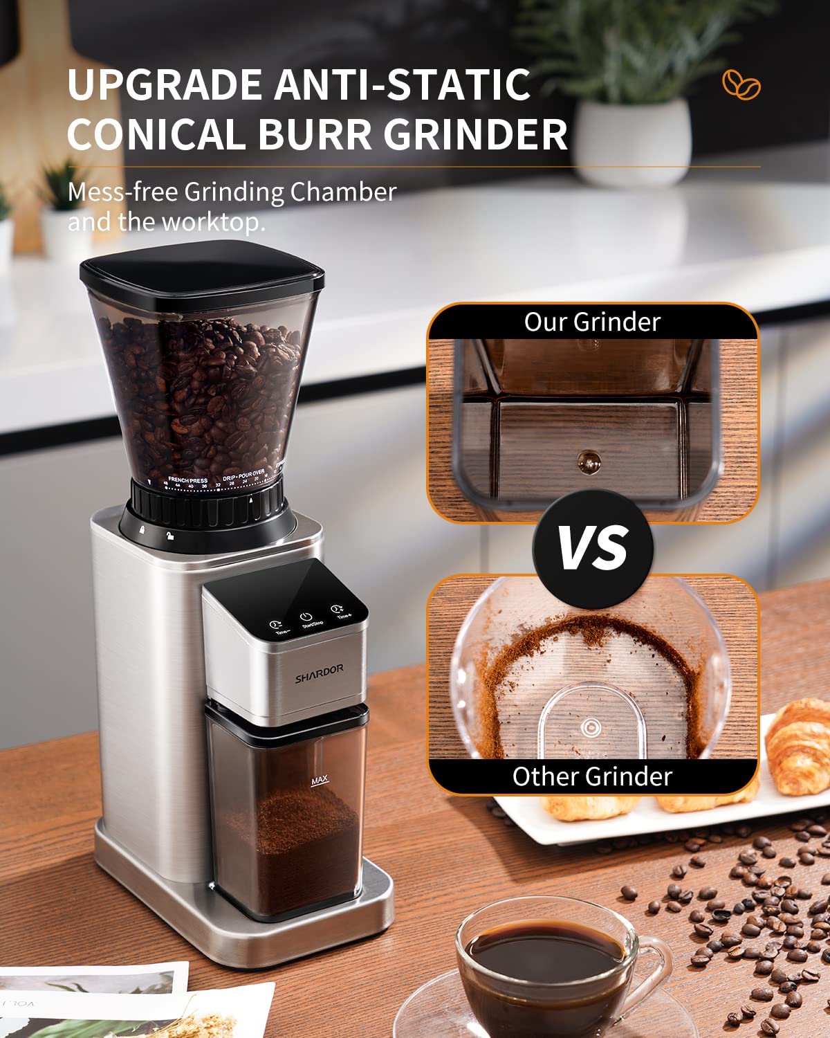 SHARDOR Professional Conical Burr Coffee Grinder, Coffee Bean Grinder with 48 Grind Settings for Espresso, Drip & French Press, Upgraded Anti-Static Technology, Precision Timer, Stainless Steel - Crema Peaks Coffee